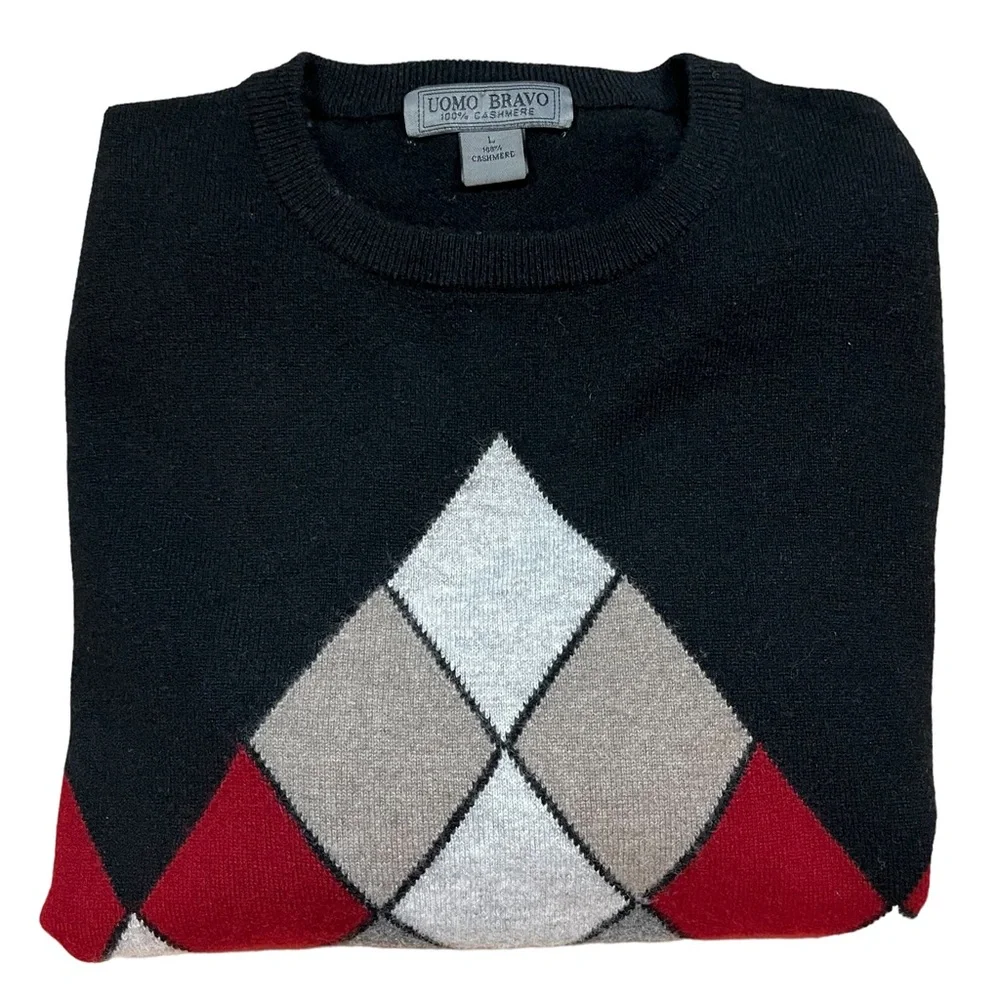 Men’s Uomo Bravo Cashmere Sweater Black Argyle Crew Neck Long Sleeve Pullover - Picture 8 of 11